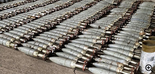 3OF26 125mm high-explosive tank projectiles, belonging to the Russian army, captured by Ukrainian forces in Izium, Kharkiv Oblast. - ALLOW IMAGES