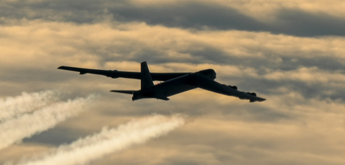 A B-52H Stratofortress assigned to the 69th Expeditionary Bomb Squadron at RAF Fairford, England, flies over the Arctic Sea, March 16, 2022. The BTF integrated with Allies in North America to demonstrate the bomber’s ability to operate over long ranges. (U.S. Air Force photo by Airman 1st Class Zachary Wright)  - ALLOW IMAGES