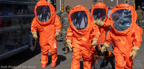 Airmen conduct training in Level A suits, which provide the highest level of protection against any chemical vapor or splash field, during a field exercise at Goldwater Air National Guard Base in Phoenix, Jan. 31, 2025. Image: DoD - ALLOW IMAGES