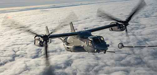 A CV-22B Osprey prepares for a tilt-rotor air-to-air refueling during operations over Sweden, Nov. 13, 2020. - ALLOW IMAGES