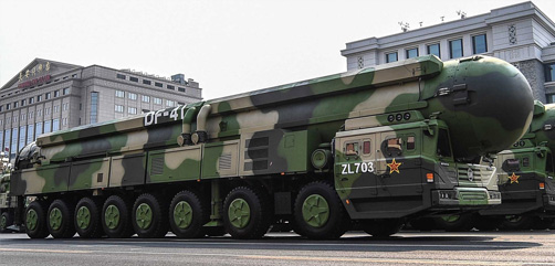 The Dongfeng-41 or DF-41 ('East Wind-41) is a fourth and latest generation of the Dongfeng series of  solid-fueled, road-mobile intercontinental ballistic missiles operated by the PLA Army Rocket Force.  Image: PLA - ALLOW IMAGES