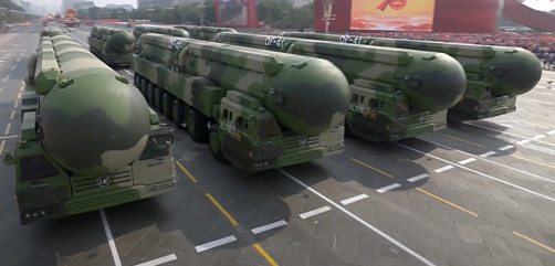 A screen capture from the Chinese Communist Party television network CCTV showing PLA Dongfeng-41 4th generation solid-fuelled, road-mobile, intercontinental ballistic missiles on parade in Beijing in 2019. Image: CCTV. - ALLOW IMAGES