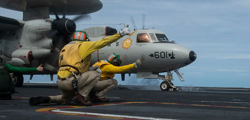 An E-2C Hawkeye from the “Sun Kings” of Carrier Airborne Early Warning Squadron (VAW) 116 launches off the aircraft carrier USS Nimitz (CVN 68) while participating in Malabar 2020 in the north Arabian Sea. November 18, 2020 - ALLOW IMAGES
