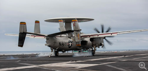 An E-2D Hawkeye, attached to the Tiger Tails of Airborne Early Warning Squadron (VAW) 125, lands on the flight deck aboard the U.S. Navy’s only forward-deployed aircraft carrier, USS Ronald Reagan (CVN 76), in the Philippine Sea, Oct. 4, 2023. E-2D Hawkeyes perform tactical airborne, early warning missions to provide valuable information to Carrier Strike Group (CSG) 5 as it plans and executes operations.  (U.S. Navy photo by Mass Communication Specialist 3rd Class Jordan Brown) - ALLOW IMAGES