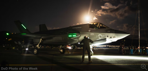 A Marine Corps pilot captain guides in an F-35B Lightning II following military actions in Venezuela in support of Operation Absolute Resolve, Jan. 3, 2026.  Image: DoW - ALLOW IMAGES.