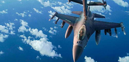 An Air Force F-16 Fighting Falcon receives fuel from a KC-10 Extender during Operation Octave Quartz above Africa, Jan. 9, 2021. The operation relocates U.S. forces in Somalia to other East Africa operating locations while supporting partner forces and maintaining pressure on violent extremist groups.- ALLOW IMAGES