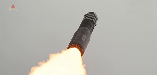 Hwasong-18 mid-flight on Korean Central Television, July 12, 2023. Image: Korean Central Television - ALLOW IMAGES