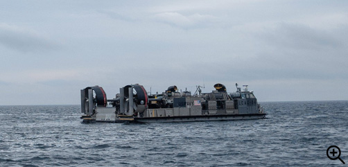 An air-cushioned landing craft performs ship-to-shore maneuvers near the amphibious assault ship USS Kearsarge in the Baltic Sea, May 20, 2022. - ALLOW IMAGES