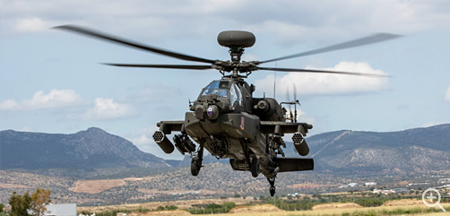 U.S. Army AH-64D Apache Longbow helicopter assigned to 1st Battalion, 3rd Aviation Regiment (Attack Battalion), 12th Combat Aviation Brigade, lands during Exercise Swift Response 23 at Megara airport, Greece, May 12, 2023.  (U.S. Army photo by Capt. Gabrielle Hildebrand) - ALLOW IMAGES