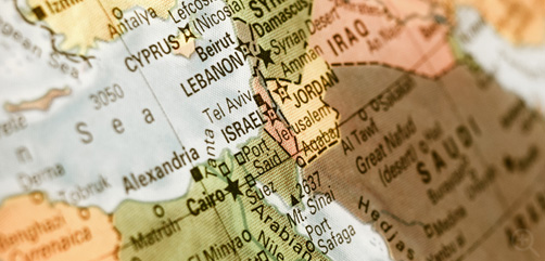 Oblique photo of Middle East map centered on Israel. Image: DepositPhotos.com - ALLOW IMAGES