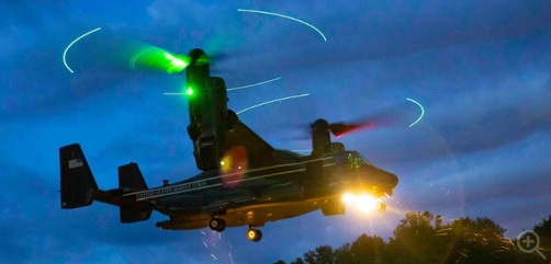 A Marine Corps MV-22 Osprey prepares to land during a squad competition at Marine Corps Base Quantico, Va., April 24, 2023. Image: DoD- ALLOW IMAGES