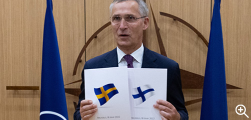 Finland and Sweden on Wednesday morning (18 May 2022) simultaneously handed in their official letters of application to join NATO. The letters were conveyed by the Finnish Ambassador to NATO Klaus Korhonen and respectively, the Swedish Ambassador to NATO Axel Wernhoff, to NATO Secretary General Jens Stoltenberg at the Alliance’s Brussels headquarters. Mr. Stoltenberg warmly welcomed the requests, saying ”this is a good day, at a critical moment for our security.” - ALLOW IMAGES