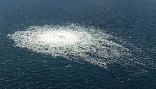 Natural gas bubbling on the surface of the Baltic Sea above one of the the breaks in the Nord Stream 2 pipeline. - ALLOW IMAGES