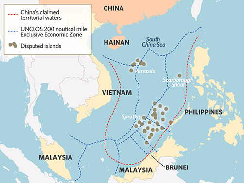 Map of the S. China Sea showing China's territorial claims (within the red-dashed line). - ALLOW IMAGES