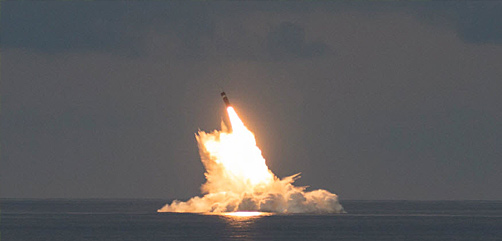 An unarmed Trident II D5LE missile launches from the USS Wyoming in the Atlantic Ocean, Sept. 17, 2021.