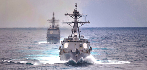 USS Truxtun and USS San Jacinto transit the Atlantic Ocean in formation with USS Dwight D. Eisenhower (CVN 69) Jan. 31, 2020. - ALLOW IMAGES