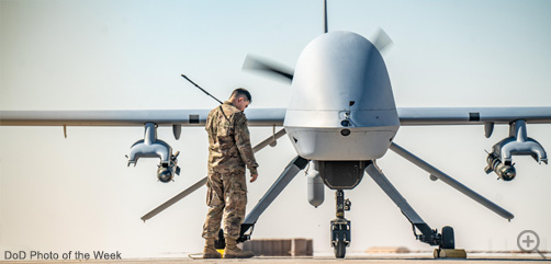 An Unmanned Aircraft System (UAS) from Company D 82nd Combat Aviation Brigade, 82nd Airborne Division prepares for flight operations. These aircraft can help provide ground forces with vital information about enemy forces and battle areas.
Image: DoD - ALLOW IMAGES