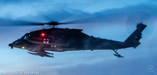 An Army UH-60 Black Hawk prepares to land near Fort Greely, Alaska, during a medical evacuation rehearsal ahead of Joint Pacific Multinational Readiness Center 25-02, Jan. 18, 2025. The training rotation occurs during the coldest part of the Alaskan winter, exposing roughly 10,000 joint, multinational service members to unforgiving conditions, building expertise in the Arctic. Image: DoD - ALLOW IMAGES