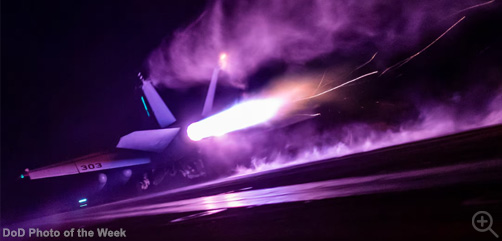 An F/A-18E Super Hornet launches from the flight deck of the USS Nimitz while underway in the Philippine Sea, April 23, 2025.  Image: DoD - ALLOW IMAGES
