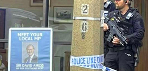 Scene from the murder site of British Member of Parliment Sir David Amess. - ALLOW IMAGES