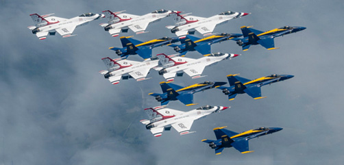 The Navy and Air Force flight demonstration squadrons, the Blue Angels and the Thunderbirds, travel in formation, April 28, 2020, while conducting a series of flyovers in New York, New Jersey and Philadelphia to honor front line COVID-19 first responders and essential workers.