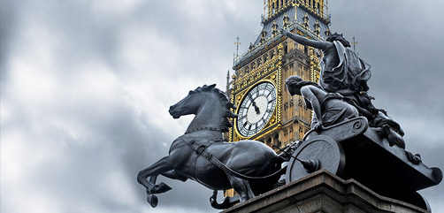 Queen Boadicea chariot sculpture adjacent to Big Ben and Westminster, London, England.  - ALLOW IMAGES