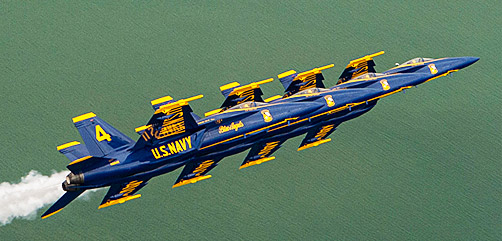 The Blue Angels, the Navy’s flight demonstration squadron, performs the left echelon parade maneuver during an airshow in Buffalo, N.Y., June 18, 2021. - ALLOW IMAGES