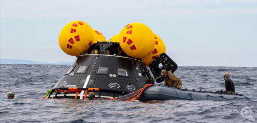Navy divers inflate a NASA “front porch” life raft during an underway recovery test in the Pacific Ocean, Feb. 25, 2024. The test is part of a coordinated effort by NASA and the Defense Department to demonstrate and evaluate processes, procedures and hardware used in recovery operations in preparation for NASA’s Artemis II crewed mission, which will send four astronauts beyond the Moon. Image: DoD - ALLOW IMAGES
