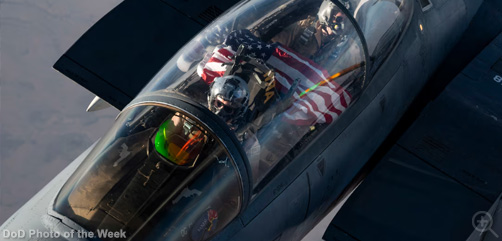 An airman pilots an F-15E Strike Eagle during an aerial refueling over the U.S. Central Command area of responsibility, Feb. 18, 2025. Image: DoD - ALLOW IMAGES