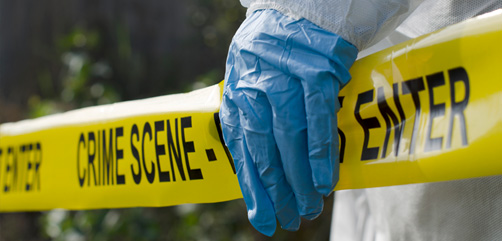 Crime scene tape and gloved hand. - ALLOW IMAGES