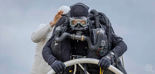 A sailor uses a specialized underwater breathing system during an open bay dive course in Virginia Beach, Va., Feb. 28, 2024. The course allowed sailors to train with equipment that is not used in their initial training pipeline. Image: DoD - ALLOW IMAGES