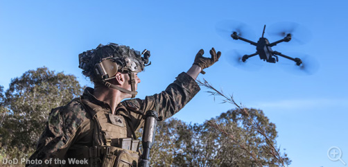 Marine Corps Cpl. Calvin Burke activates a Skydio X2 small unmanned aerial system during a simulated assault and seizure at Glen Airfield in Queensland, Australia, July 7, 2025.  Image: DoD - ALLOW IMAGES