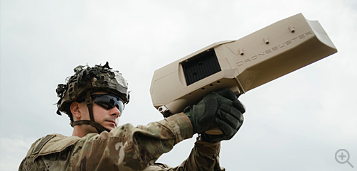 A U.S. Army paratrooper assigned to the 173rd Airborne Brigade uses a Dronebuster 3B to disrupt enemy drones as part of Exercise Shield 23, April 20, 2023 in Pula, Croatia.  - ALLOW IMAGES
