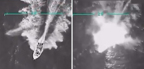 Drone imagery shows a lethal airstrike on a suspected drug-carrying vessel in the southern Caribbean. - ALLOW IMAGES