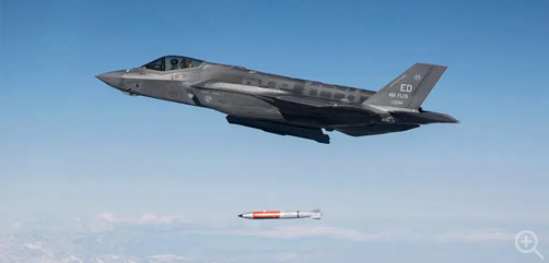 If the B61-12 is ever used, it will be ballistically air delivered in either gravity or guided drop modes. Here, a U.S. Air Force F-35 Lightning performs a drop test. Image: DOD's F-35 Joint Program Office - ALLOW IMAGES
