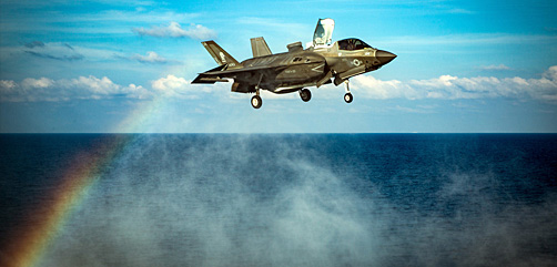 A Marine Corps F-35B Lightning II prepares to land on the USS America in the South China Sea, April 18, 2020.