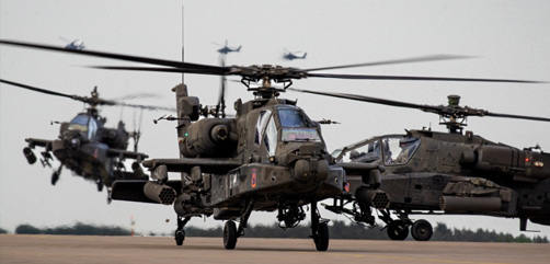 AH-64D Apache Longbow helicopters assigned to the 1st Battalion, 3rd Aviation Regiment "Viper Battalion," 12th Combat Aviation Brigade land at the Katterbach Army Airfield, Germany. Image: DoD - ALLOW IMAGES