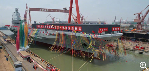 Click to Enlarge. The Aircraft Carrier Fujian, also known as the Type-003, was launched in Shanghai, China, on June 17 2022. The aircraft carrier is comparable in size to the U.S. Navy's Nimitz and Ford classes. - ALLOW IMAGES