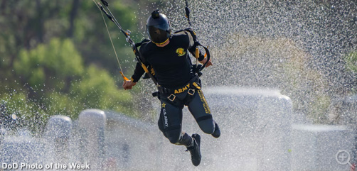 Staff Sgt. Mark Pierce, a member of the Army’s parachute demonstration team, performs an advanced canopy maneuver during a U.S. Parachute Association canopy piloting competition in Zephyrhills, Fla., March 1, 2025. Image: DoD - ALLOW IMAGES