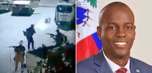 On the right is Hatian President Jovenel Moïse. On the left is a frame grab from surveillance footage show three members of the assault team.- ALLOW IMAGES
