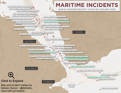 Map of maritime security incidents within the Bab El-Mandeb region. Image: Damien Symon - @detresfa_ - Used with permission.