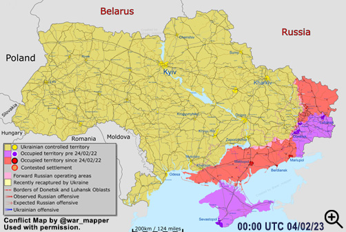 Ukraine conflict map as of February 4, 2023. - ALLOW IMAGES
