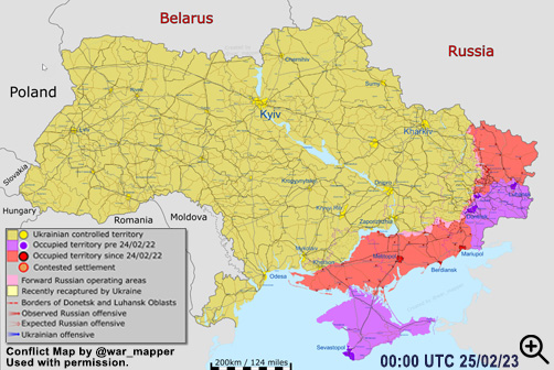 Ukraine conflict map as of February 25, 2023. Image: @war_mapper with permission. - ALLOW IMAGES