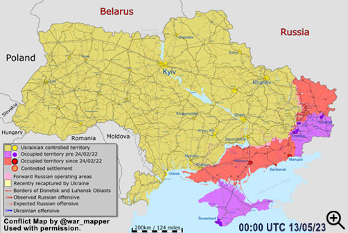 Ukraine conflict map as of May 13, 2023. Image: @war_mapper with permission. - ALLOW IMAGES