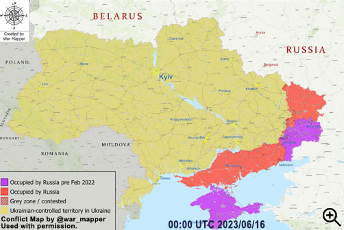 Ukraine conflict map as of June 16, 2023. Image: @war_mapper with permission. - ALLOW IMAGES