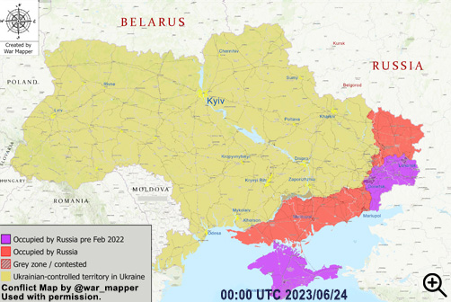 Ukraine conflict map as of June 24, 2023. Image: @war_mapper with permission. - ALLOW IMAGES