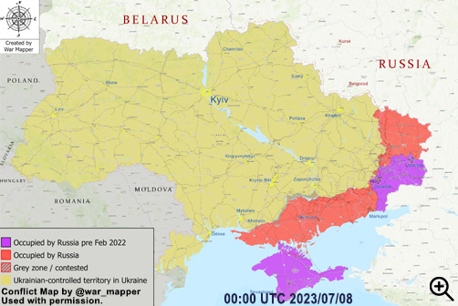 Ukraine conflict map as of July 8, 2023. Image: @war_mapper with permission. - ALLOW IMAGES