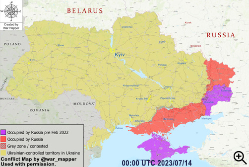 Ukraine conflict map as of July 14, 2023. Image: @war_mapper with permission. - ALLOW IMAGES