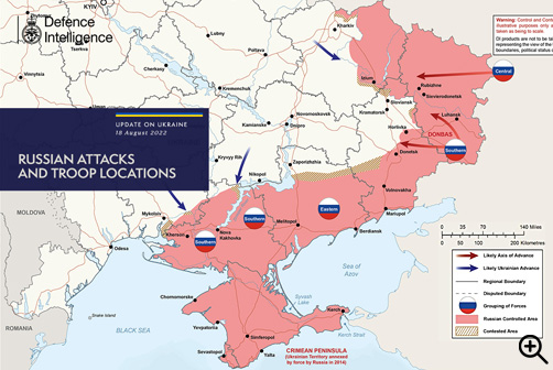 Click to Enlarge - Ukraine conflict map as of August 18, 2022. - ALLOW IMAGES