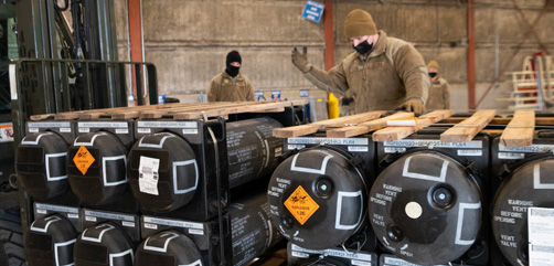 Airmen and civilians at Dover Air Force Base, Del., palletize ammunition, weapons and other equipment bound for Ukraine, Jan. 21, 2022. Since 2014, the United States has committed more than $5.4 billion in total assistance to Ukraine, including security and non-security assistance. The United States reaffirms its steadfast commitment to Ukraine’s sovereignty and territorial integrity in support of a secure and prosperous Ukraine. - ALLOW IMAGES